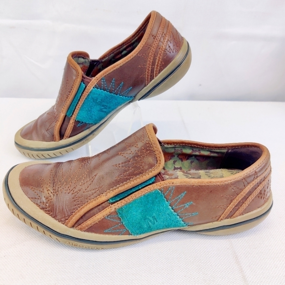 Merrell Leather Slip on Sneaker Flat Shoe Womens Sz 6 Skynight Dark Brown Simple